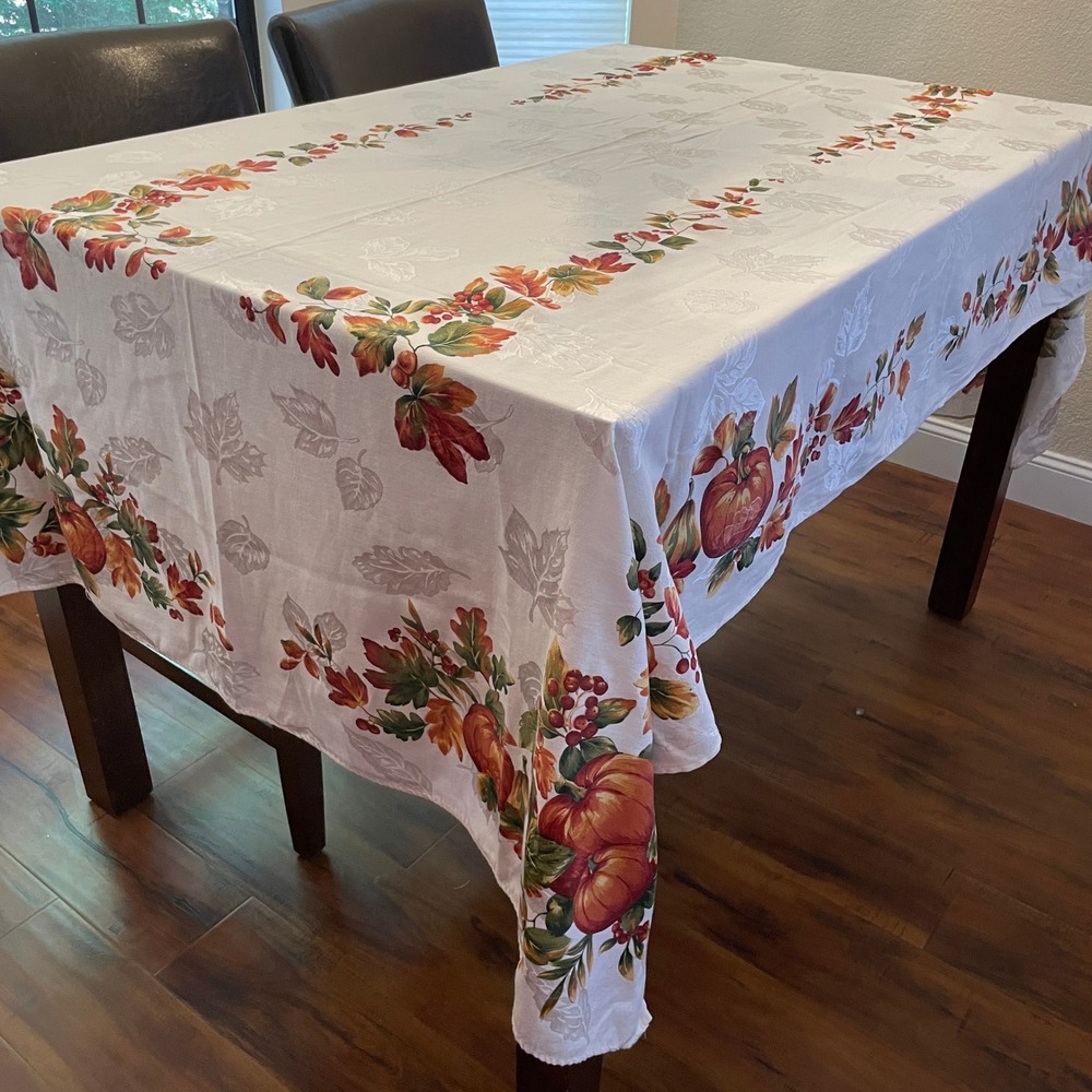 Pumpkin Harvest Tablecloth Rectangle Size 56x95 White Fall Damask Thanksgiving